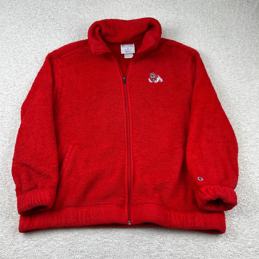 Champion Fresno State Bulldogs Red Sherpa Fleece Full Zip Sweater‎ Mens Medium
